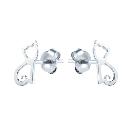 Cercei stud argint 925 rodiat cu siluetă outline pisicuță 9.5x5.5mm — vedere frontală cu coadă spiralată