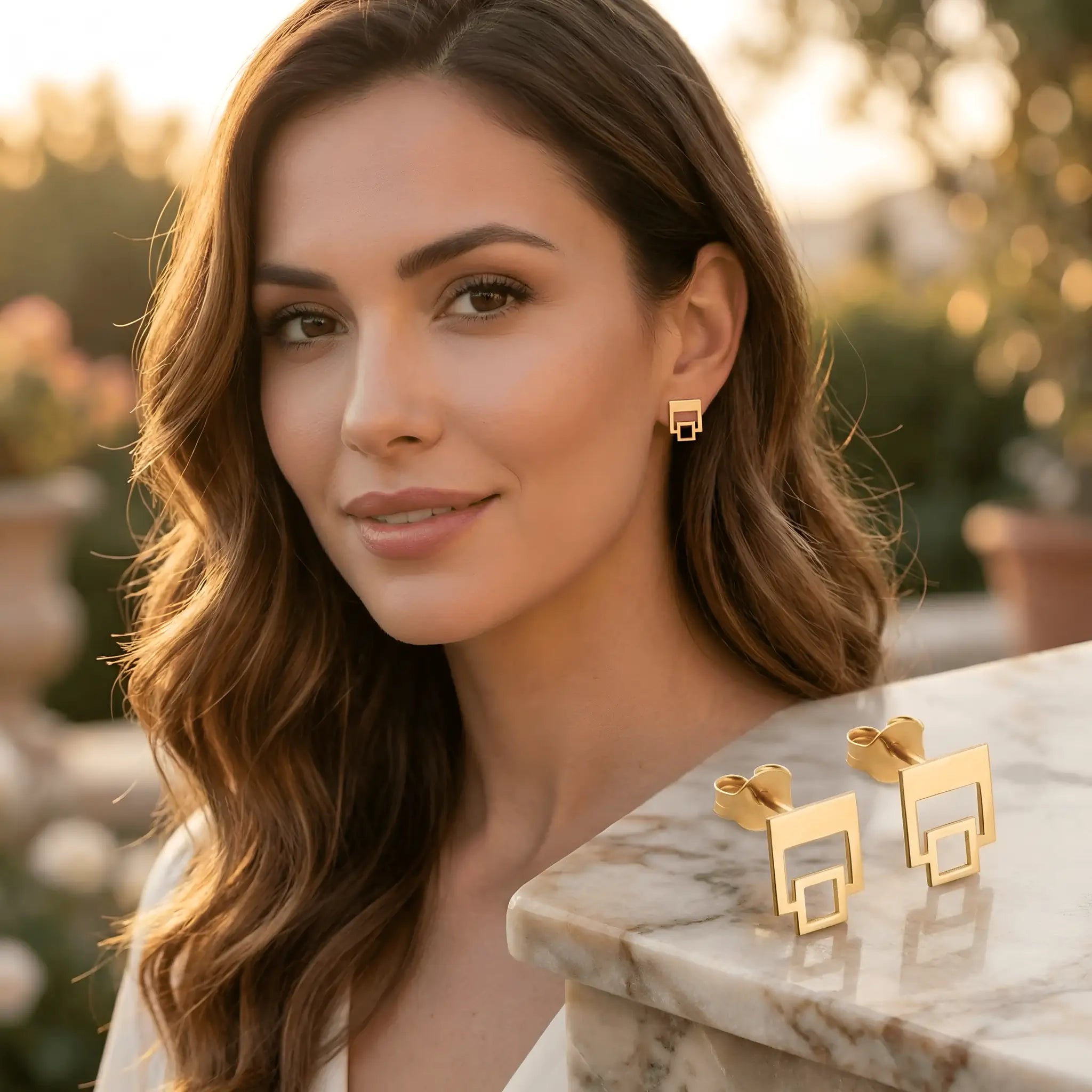 Cercei aur 14K stud pătrat dublu contur — design lifestyle damă, pătratele cu laturi drepte verticale-orizontale, pătratul mic atârnă în jos, finisaj oglindă pe aur galben