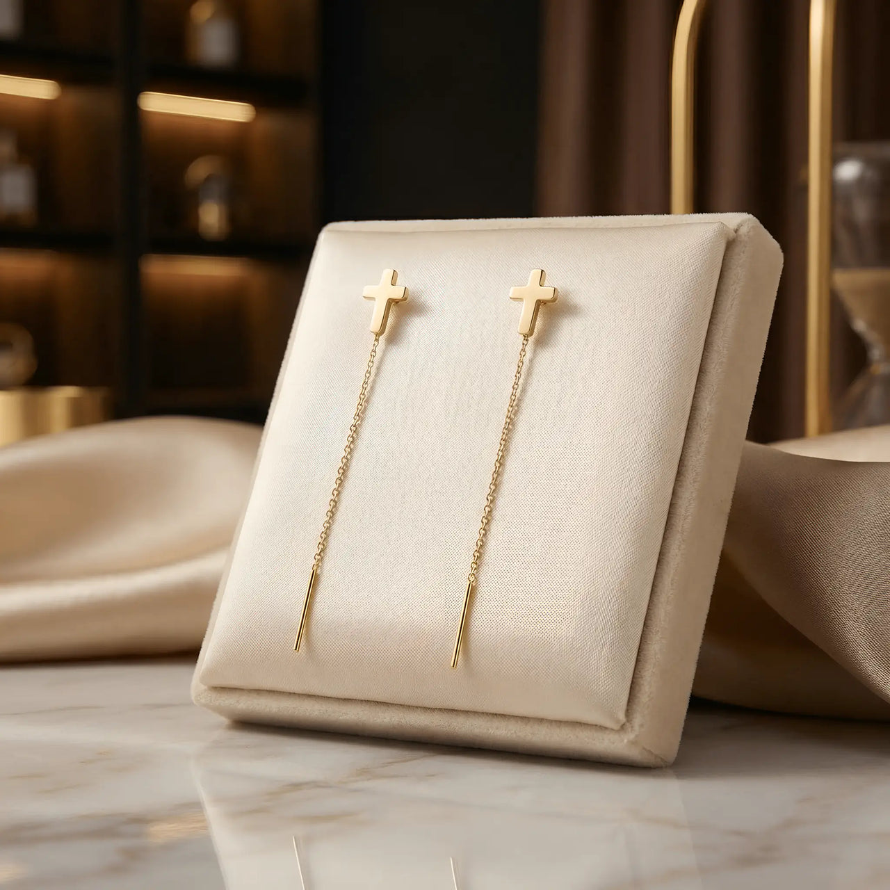 Cercei aur 14K threader cruce latină stilizată plină cu lănțișor delicat 7cm