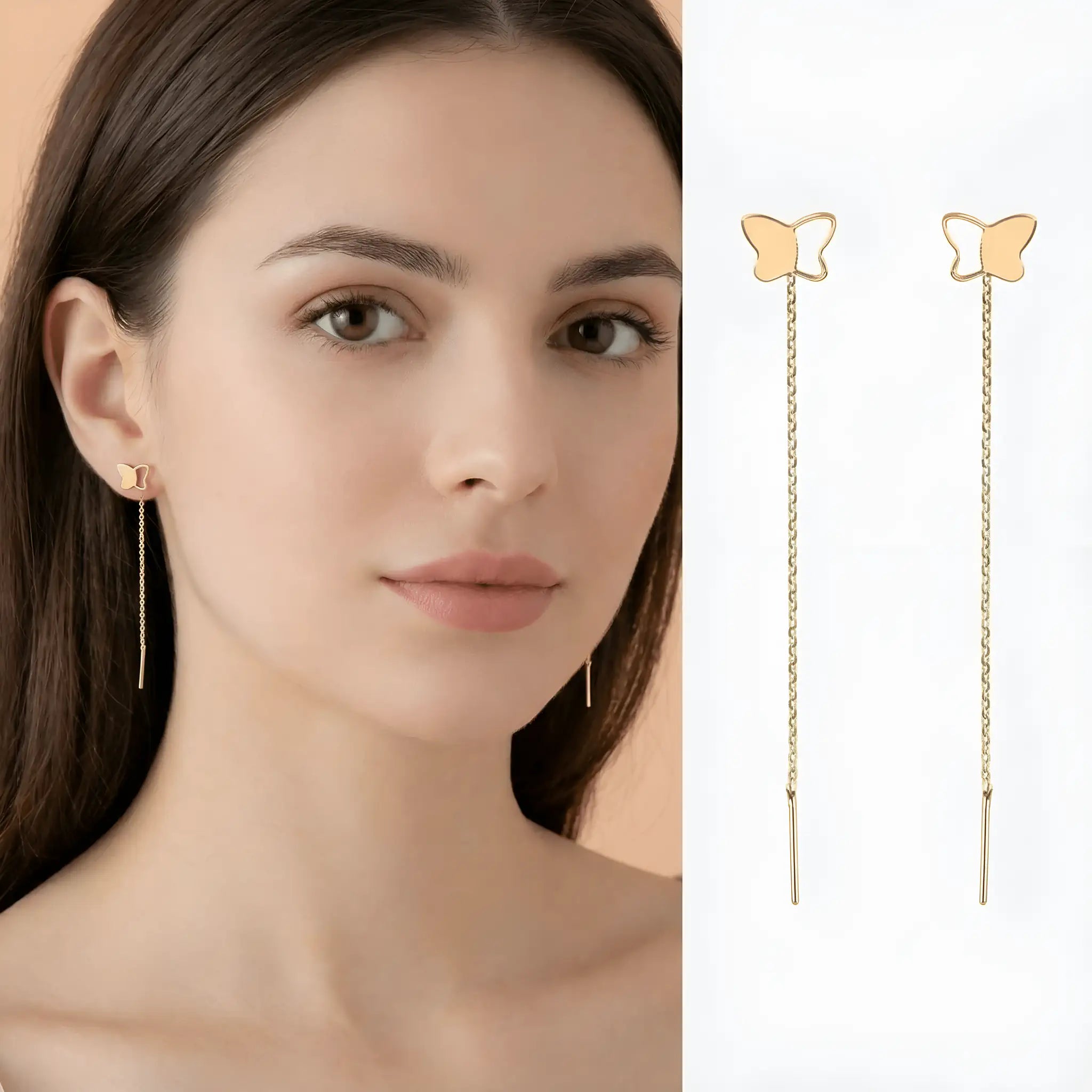 Detaliu cercei aur 14K threader fluture profil — vedere apropiată asimetrie aripi, finisaj oglindă pe aurul galben