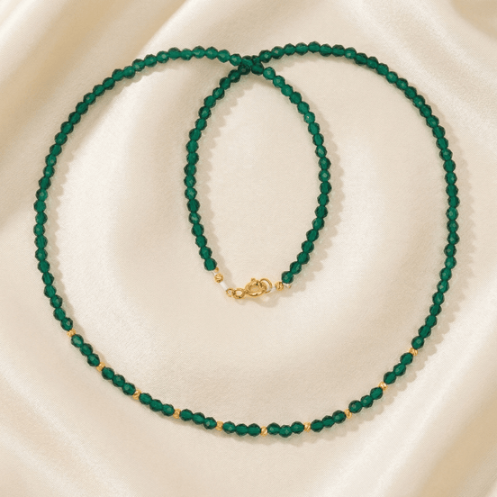 Colier Damă Aur 14K cu Bile și Cristale Verzi – Bijuterie Elegantă de Lux pentru Cadou