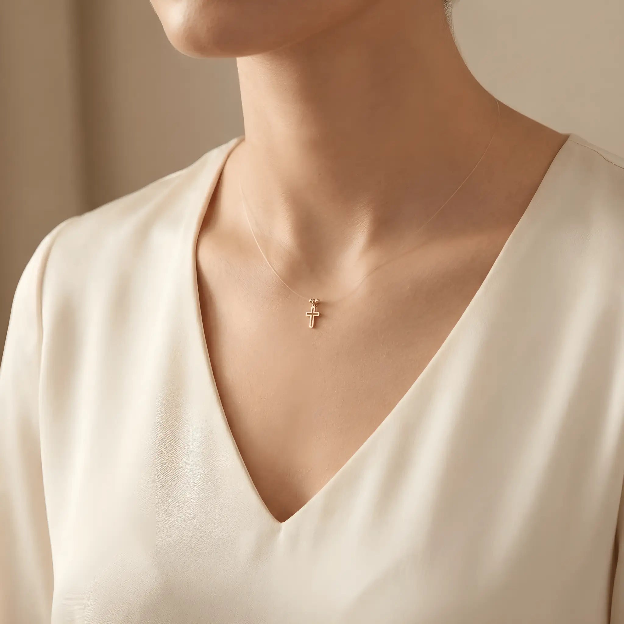 Colier Aur 14K Cruce pe Fir Transparent – Model Floating