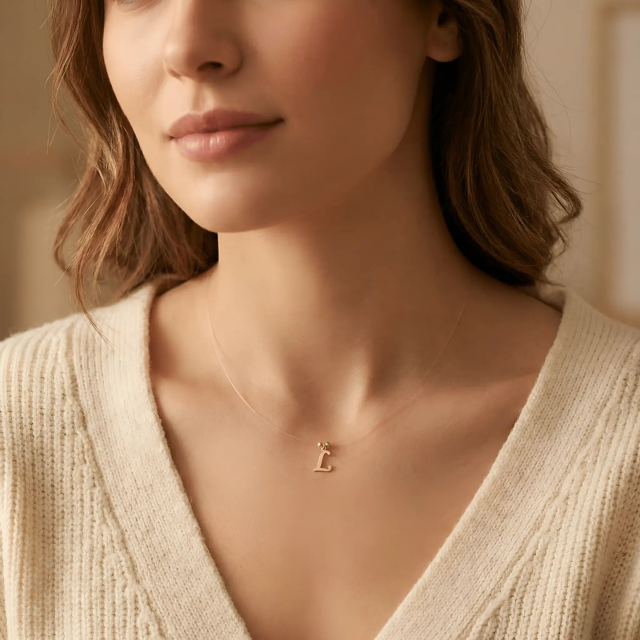 Colier aur 14K litera L — purtat pe decolteu V cardigan crem ribbat, efect floating