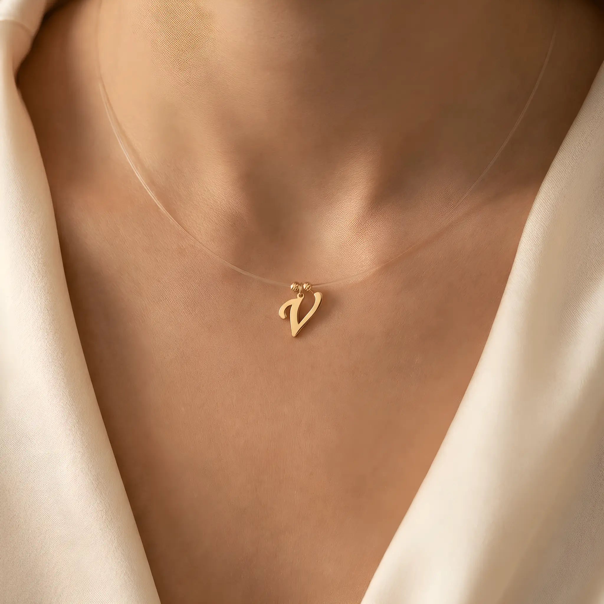 Colier aur 14K litera V — purtat pe decolteu, efect floating pe piele