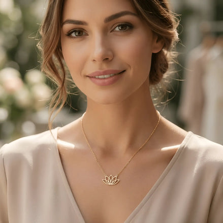 Damă tânără purtând colier aur 14K cu pandantiv lotus pe top crem cu decolteu V, lumină naturală exterior cu vegetație înflorită