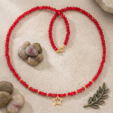 Colier choker aur 14k cu cristale roșii fațetate, bile de aur și pandantiv stea, lucrat manual