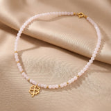 Colier choker aur 14k cu cristale albe fațetate, bile de aur și pandantiv trifoi cu patru foi, lucrat manual