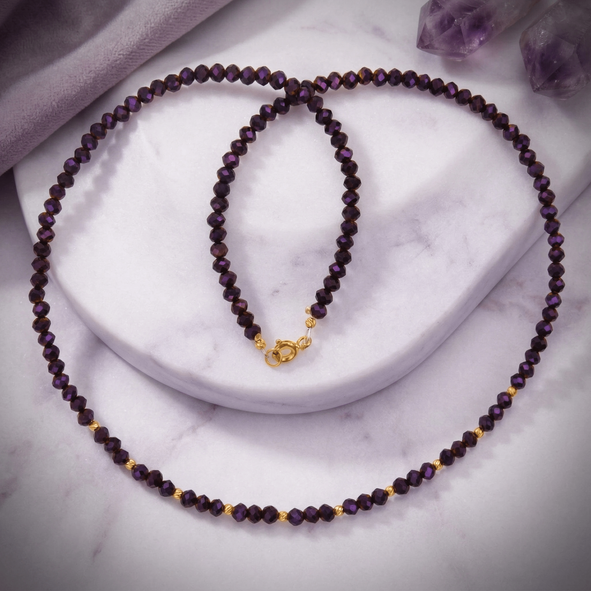 Colier Damă din Aur 14K cu Bile și Cristale Mov Purpuriu – Cadou Elegant de Lux