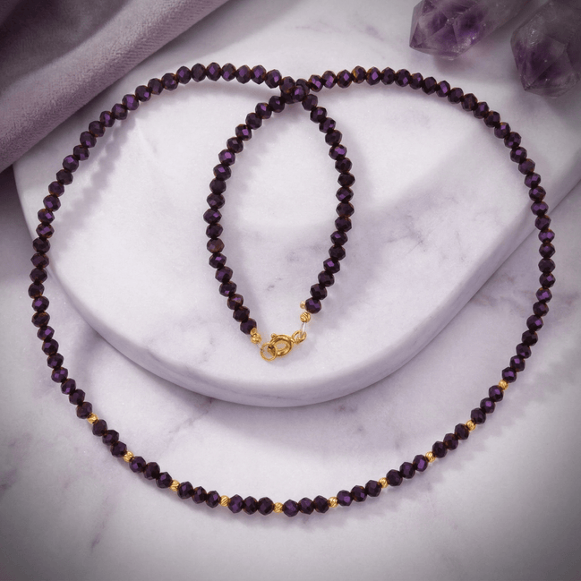 Colier Damă din Aur 14K cu Bile și Cristale Mov Purpuriu – Cadou Elegant de Lux