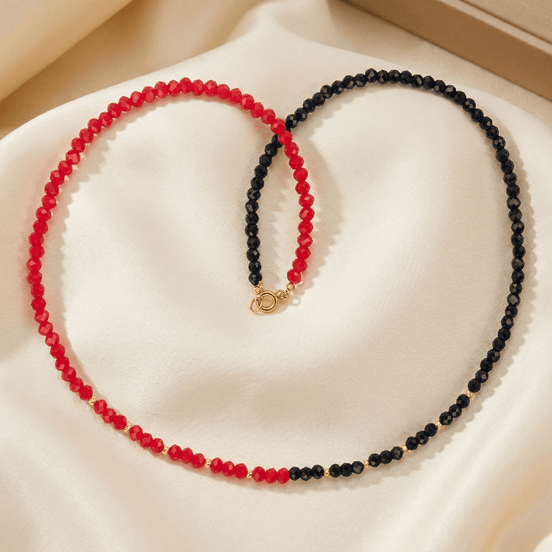 Colier Damă din Aur 14K cu Bile și Cristale Roșu & Negru – Cadou Elegant de Lux
