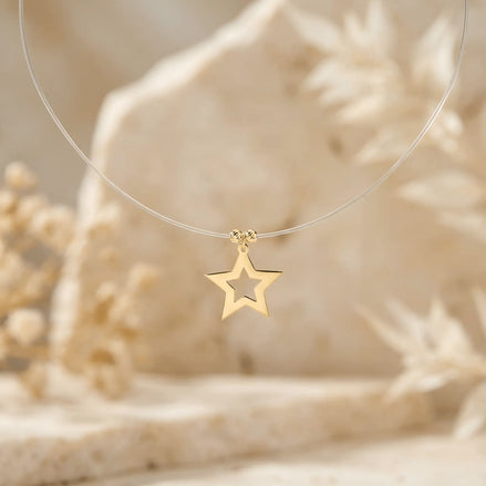 Colier aur 14K cu pandantiv stea decupată 5 colțuri pentagramă pe fir transparent floating