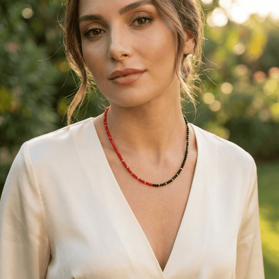 Colier Damă din Aur 14K cu Bile și Cristale Roșu & Negru – Cadou Elegant de Lux