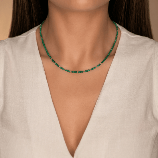 Colier Damă Aur 14K cu Bile și Cristale Verzi – Bijuterie Elegantă de Lux pentru Cadou