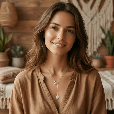 Lănțișor argint 925 cu Lună și Soare purtat de doamnă pe cămașă bej din in – pandantiv lariat în Y vizibil pe stern, atmosferă boho