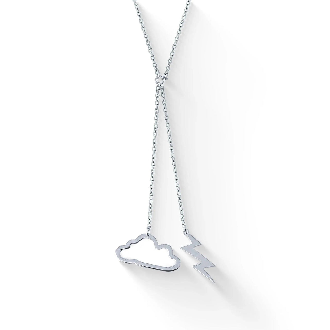 Lănțișor argint 925 rodiat lariat dublu Nor și Fulger — nor outline 12 mm și fulger Z plin 10 mm pe ramuri verticale inegale