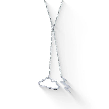 Lănțișor argint 925 rodiat lariat dublu cu Nor și Fulger – nor outline 12 mm + fulger Z plin 10 mm pe ramuri verticale inegale