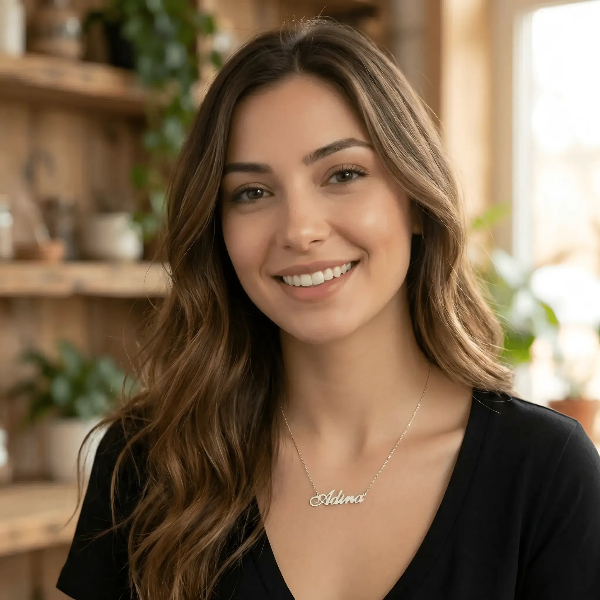Damă tânără purtând lănțișor argint 925 rodiat cu numele Adina script, peste t-shirt negru cu decolteu V, lumină caldă interior cu plante și mobilier de lemn