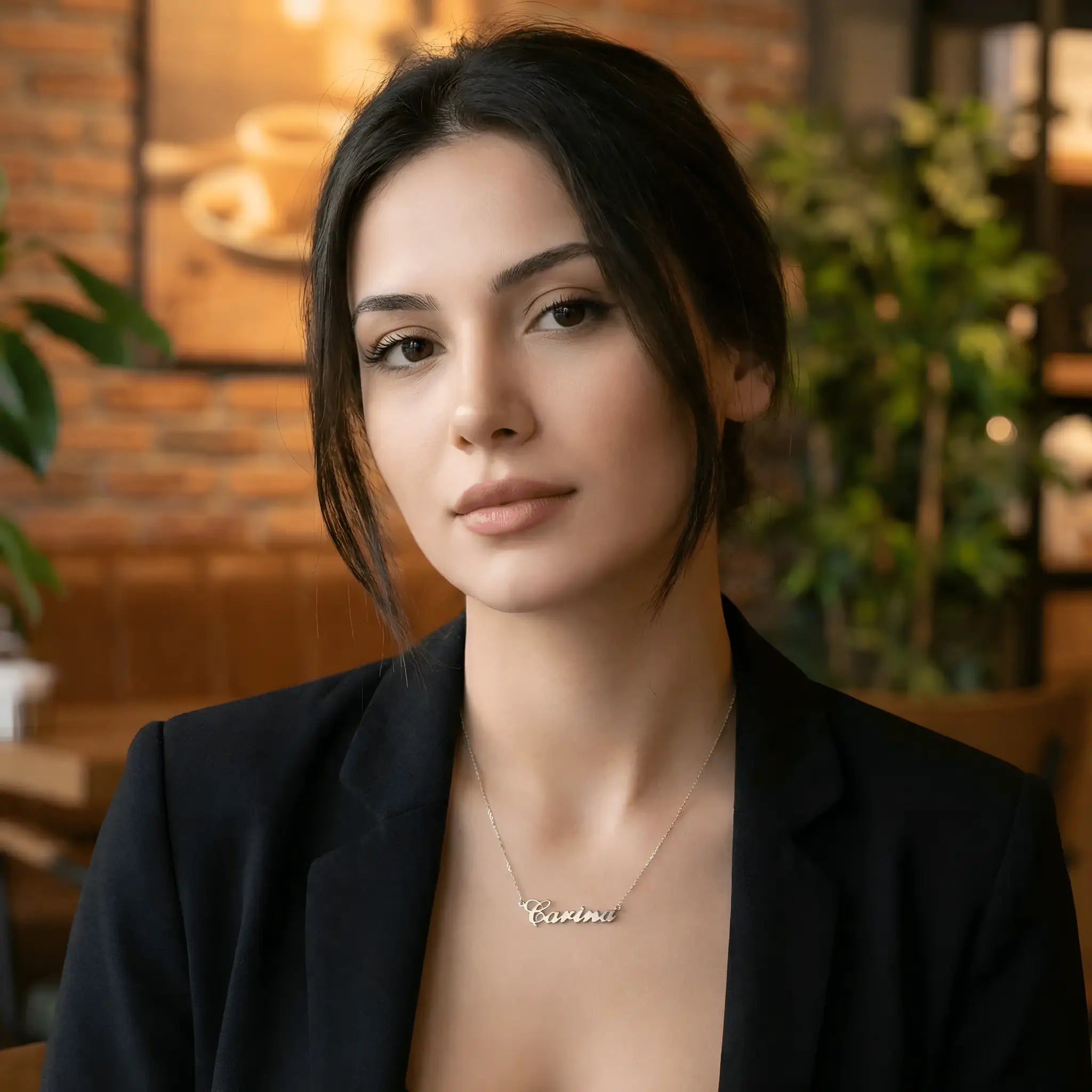 Damă cu păr lung negru prins lejer purtând lănțișor argint 925 rodiat Carina pe stern peste sacou negru desfăcut, cafenea cu cărămidă expusă, lampă industrială și plante