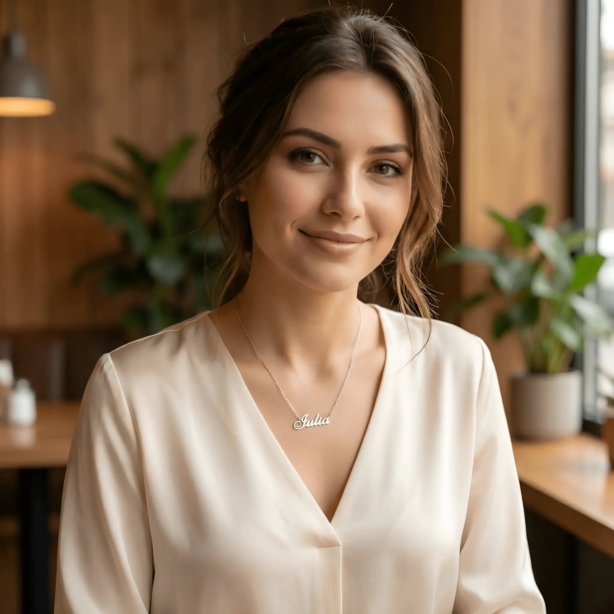 Damă tânără purtând lănțișor argint 925 rodiat cu numele Iulia script, peste bluză crem de mătase cu decolteu V, lumină caldă cafenea cu plante și mobilier de lemn