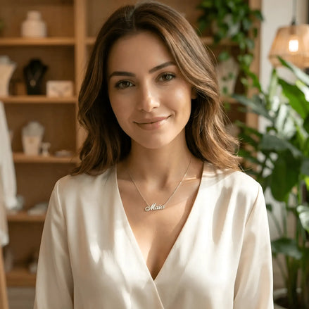 Damă tânără purtând lănțișor argint 925 rodiat cu numele Maia script, peste bluză albă de mătase cu V wrap, lumină caldă interior cu plante și mobilier de lemn