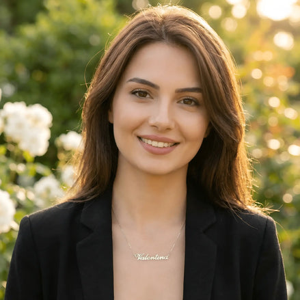 Damă cu păr lung castaniu purtând lănțișor argint 925 rodiat Valentina pe stern peste sacou negru desfăcut, grădină de trandafiri albi golden hour