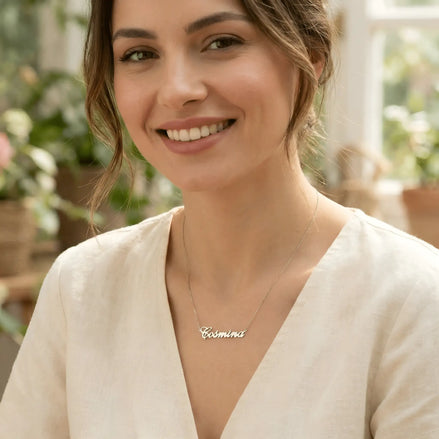 Damă tânără purtând lănțișor argint 925 rodiat cu numele Cosmina script, peste bluză albă de in cu decolteu V, lumină naturală interior cu plante