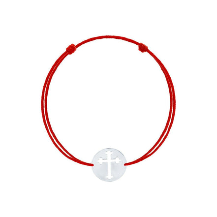 Bratara snur rosu reglabila cu banut argint cruce stilizata