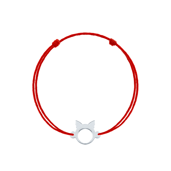 Bratara snur rosu reglabilia cu pisica stilizata argint